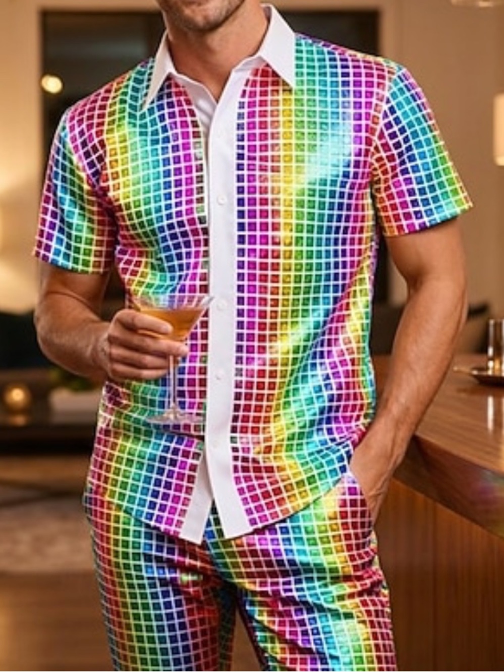 New Men's Rainbow Grid Short Sleeve Shirt - White Trim
